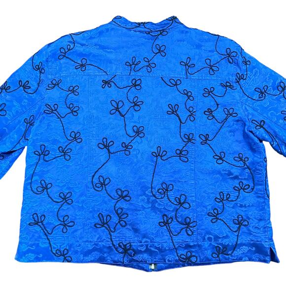 Chicos Womens cobalt blue silk light jacket with black embroidery Size 2 - Picture 4 of 5